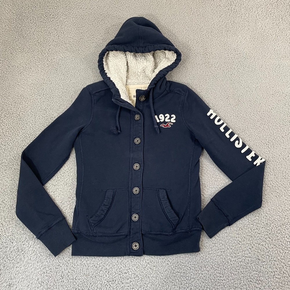 Hollister Sherpa Lined Hoodie Women S Navy Y2K Twilight Button Front